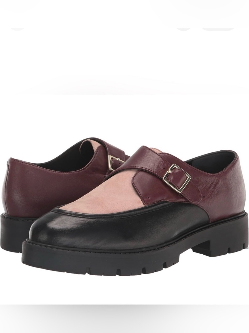 Seychelles Two-Tone Buckle Loafers in Black, Burgundy & Blush